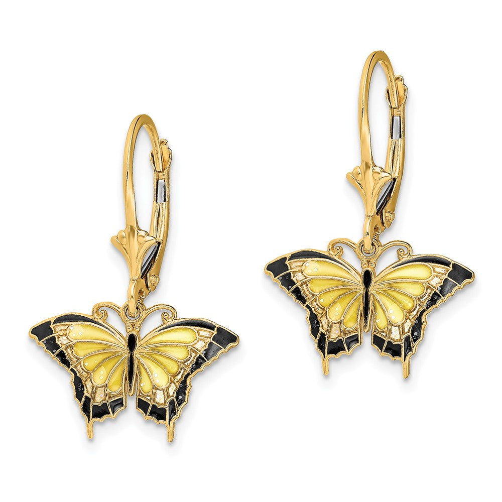 14K Yellow Gold Butterfly with Yellow Enameled Wings Leverback Earrings