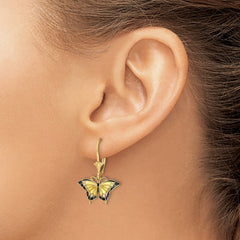 14K Yellow Gold Butterfly with Yellow Enameled Wings Leverback Earrings