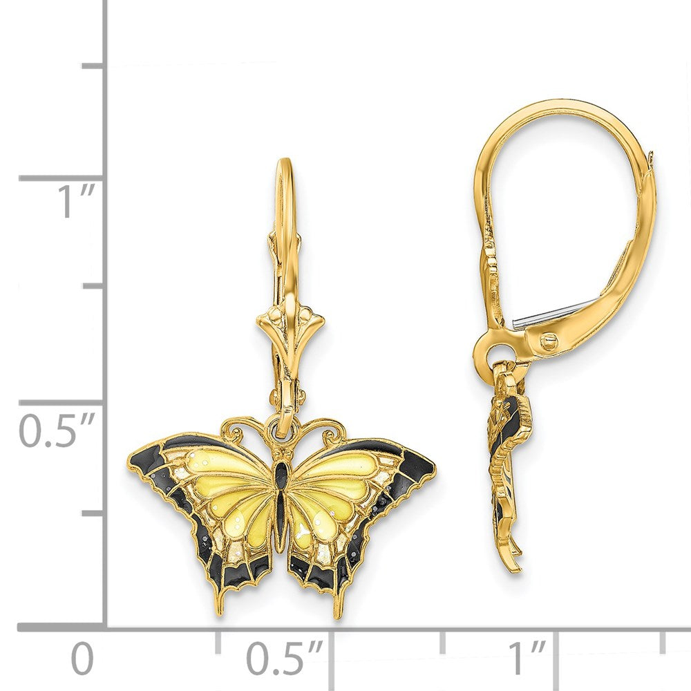 14K Yellow Gold Butterfly with Yellow Enameled Wings Leverback Earrings