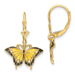 14K Yellow Gold Butterfly with Yellow Enameled Wings Leverback Earrings