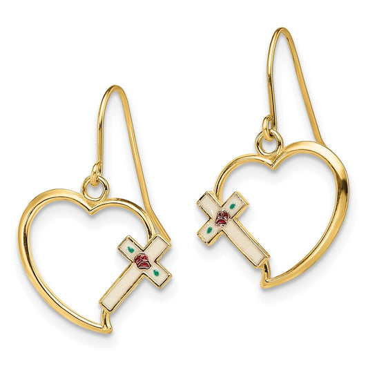 14K Yellow Gold Enamel Cross Heart Dangle Earrings