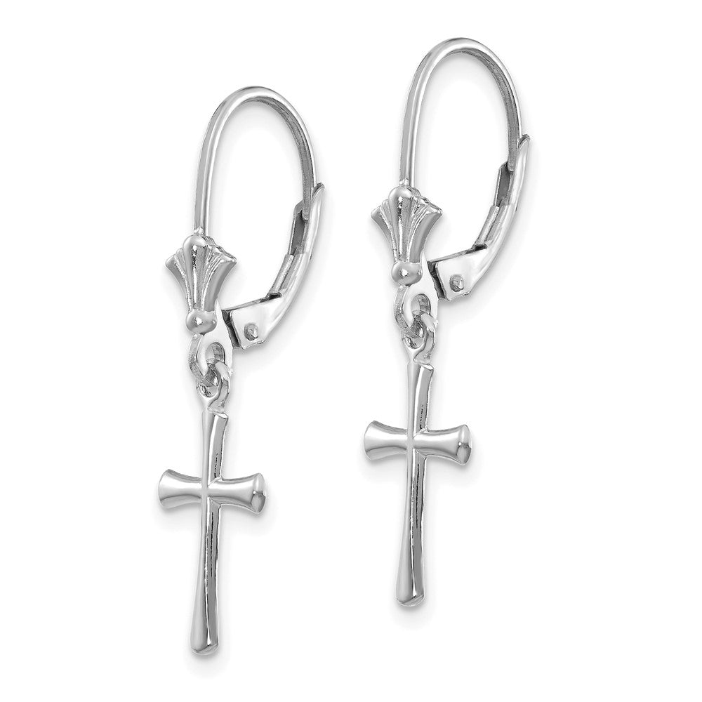 14K White Gold Polished Cross Leverback Earrings