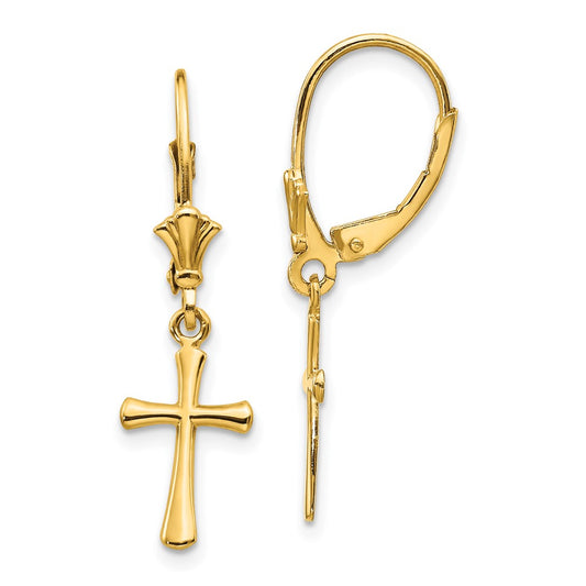 14K Yellow Gold Polished Cross Leverback Earrings