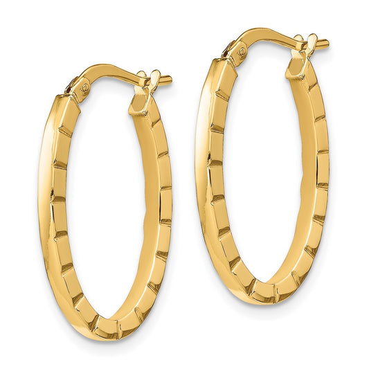 14K Yellow Gold Striped Edge Oval Hoop Earrings