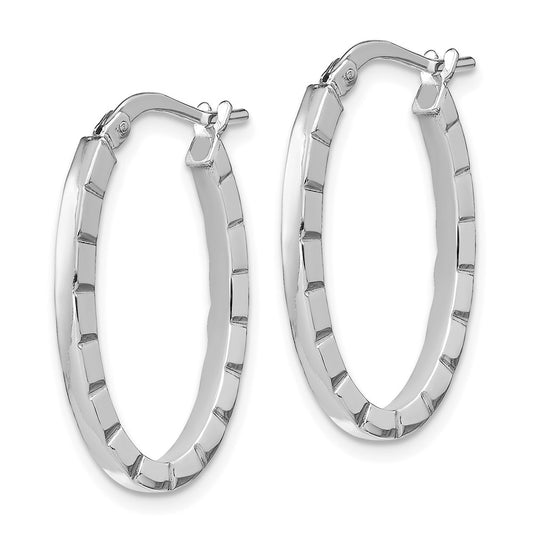 14K White Gold Striped Edge Oval Hoop Earrings
