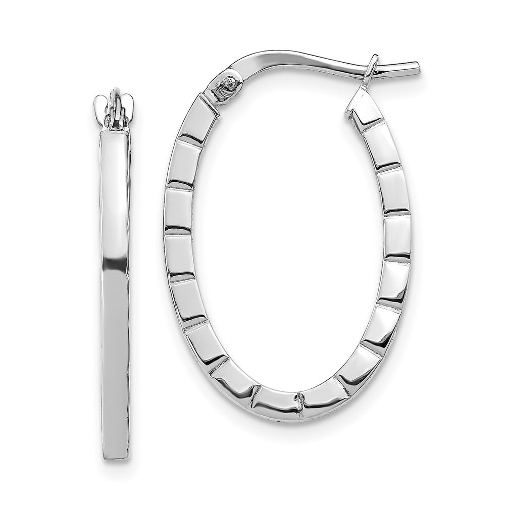 14K White Gold Striped Edge Oval Hoop Earrings