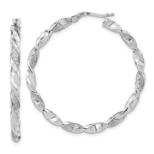 14K White Gold Polished and Textured Twisted Hoop Earrings