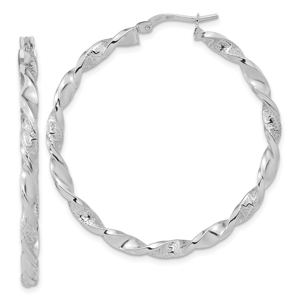 14K White Gold Polished and Textured Twisted Hoop Earrings