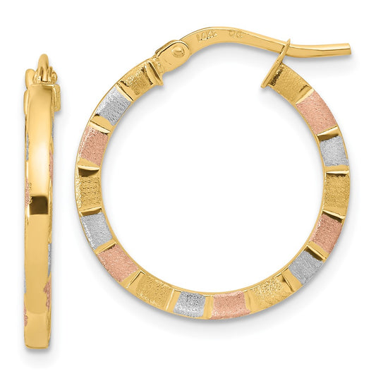 14K Tri-Color Gold Polished & Satin Hoop Earrings