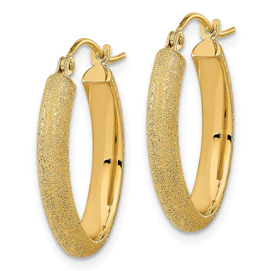 14K Yellow Gold Polished Textured Satin Oval Hoop Earrings