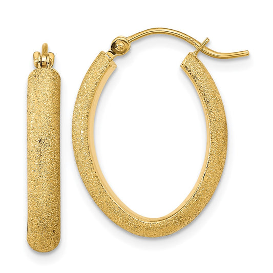 14K Yellow Gold Polished Textured Satin Oval Hoop Earrings