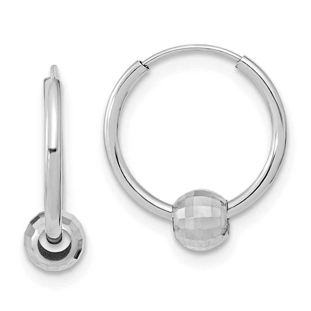 14K White Gold Polished Hoop with a Diamond-cut Ball Earrings