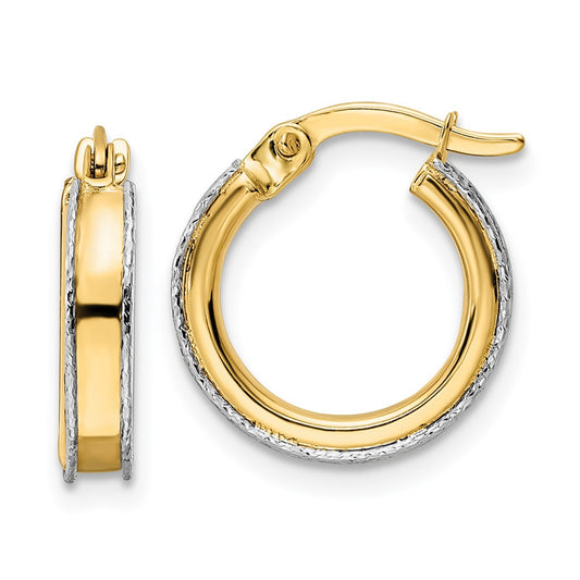 14K Two-Tone Gold Diamond-cut Edge 3x14mm Round Hoop Earrings