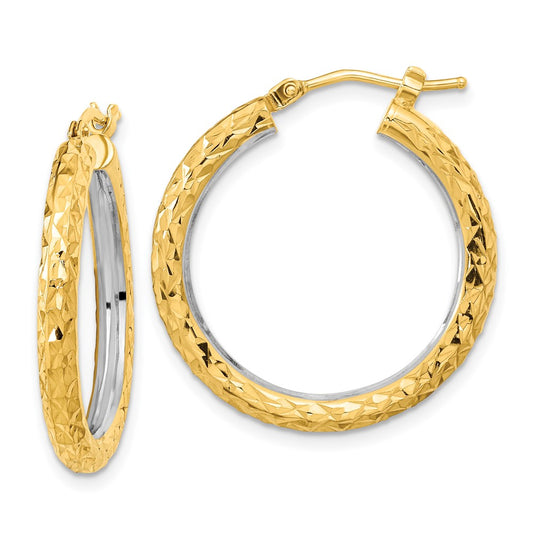 14K Two-Tone Gold Polished Diamond-cut 3mm Circle Hoop Earrings