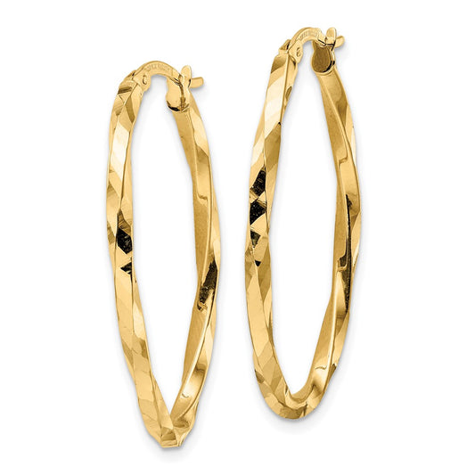 14K Yellow Gold Twisted 2.5x22x36mm Oval Hoop Earrings