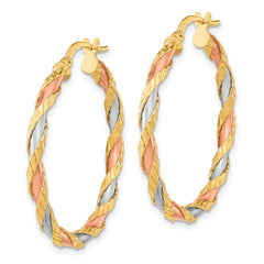 14K Tri-Color Gold Textured Twisted Hoop Earrings