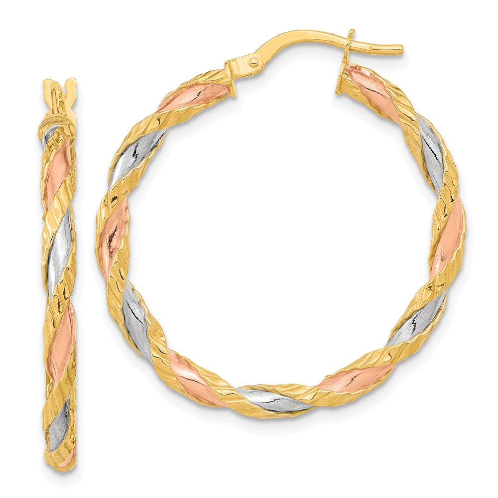 14K Tri-Color Gold Textured Twisted Hoop Earrings