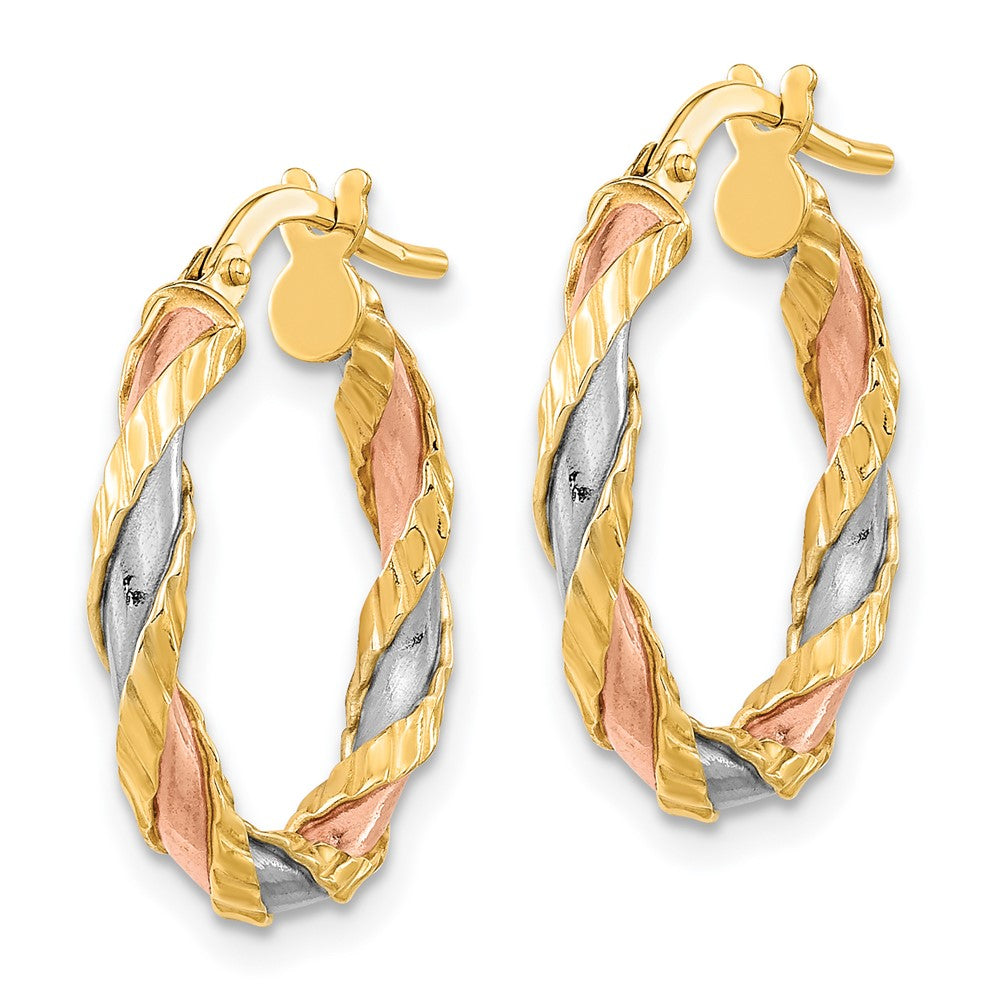 14K Tri-Color Gold Textured Twisted Hoop Earrings