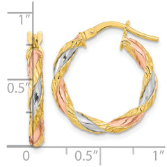 14K Tri-Color Gold Textured Twisted Hoop Earrings