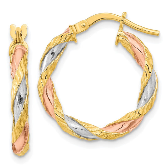 14K Tri-Color Gold Textured Twisted Hoop Earrings