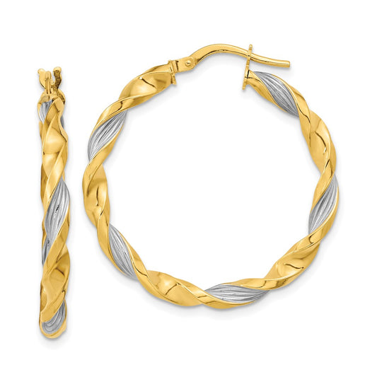 14K Two-Tone Gold Textured & Twist Hoop Earrings