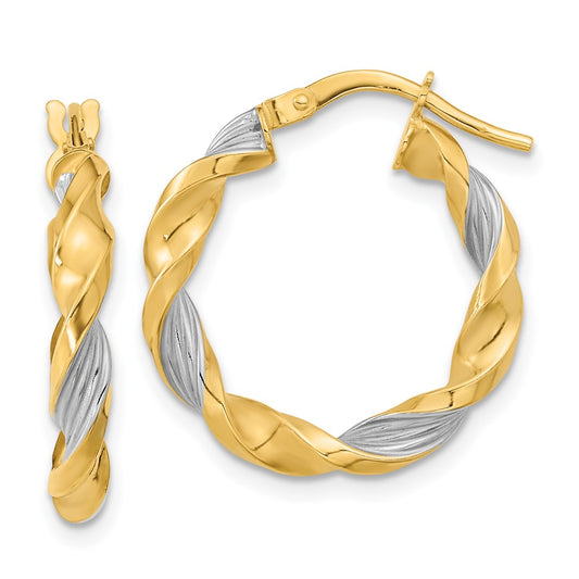 14K Two-Tone Gold Polished & Textured Twist Hoop Earrings