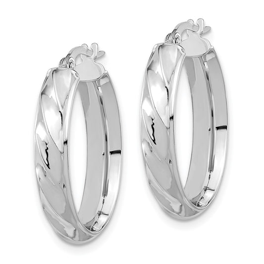 14K White Gold Polished and Twisted Oval Hoop Earrings