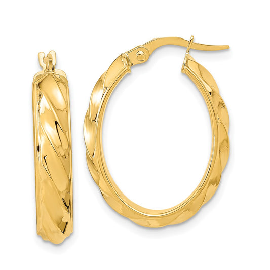 14K Yellow Gold Polished and Twisted Oval Hoop Earrings