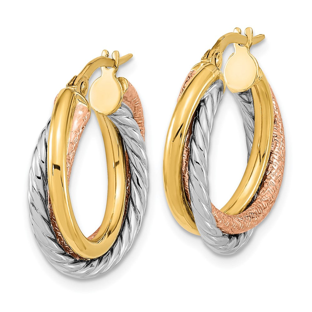 14K Tri-Color Gold Polished and Textured Hoop Earrings