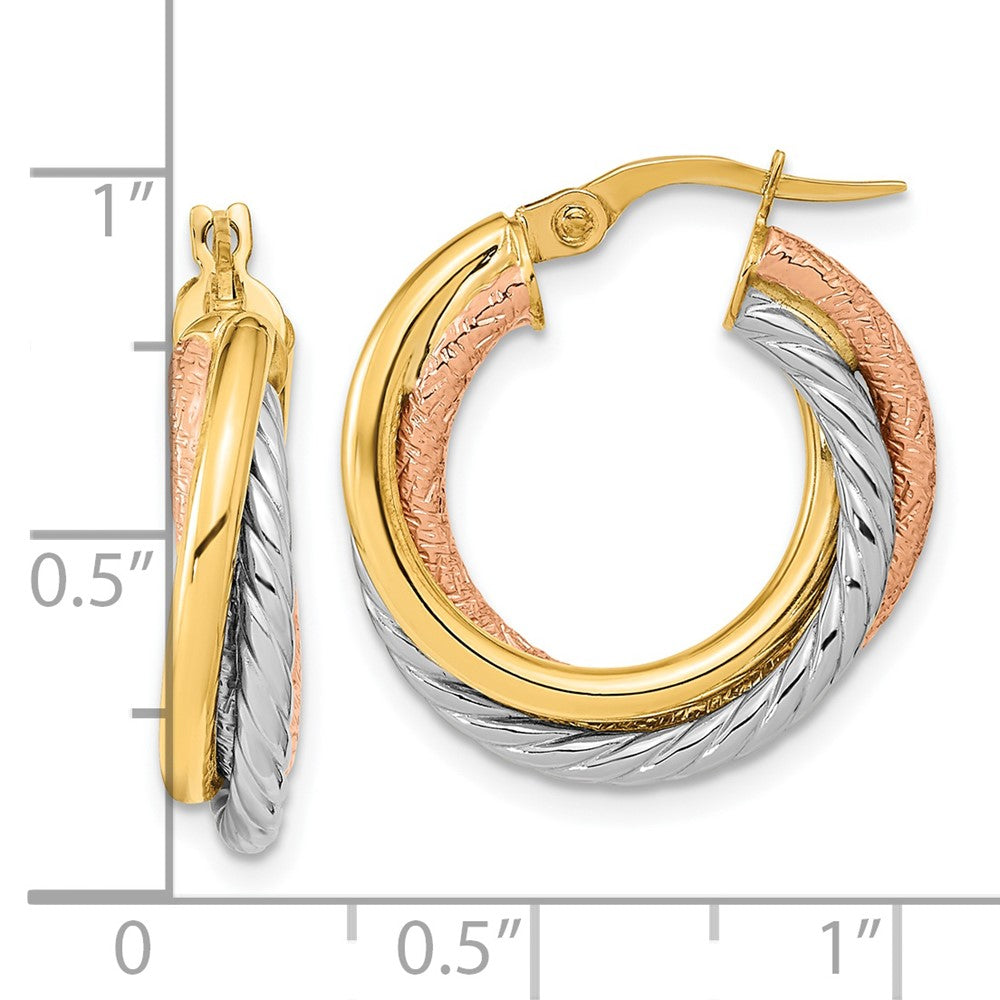 14K Tri-Color Gold Polished and Textured Hoop Earrings