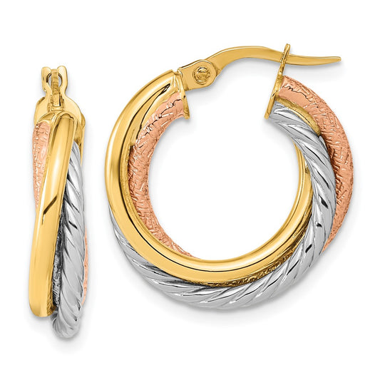 14K Tri-Color Gold Polished and Textured Hoop Earrings