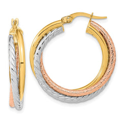 14K Tri-Color Gold Polished and Textured Hoop Earrings