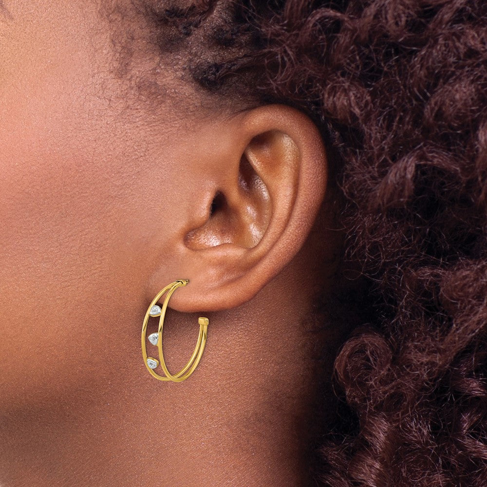 14K Two-Tone Gold Polished CZ Post Hoop Earrings
