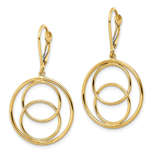 14K Yellow Gold Polished 2 Circles in Circle Leverback Dangle Earrings