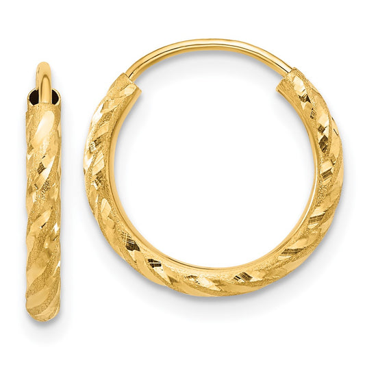 14K Yellow Gold Polished and Satin Diamond-cut 2.00mm Endless Hoop Earrings