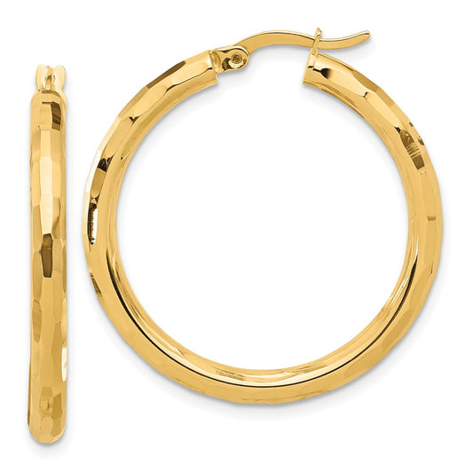 14K Yellow Gold Polished and Diamond-cut Hoop Earrings