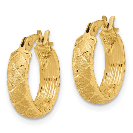 14K Yellow Gold Satin Criss Cross 4mm Diamond-cut Hoop Earrings