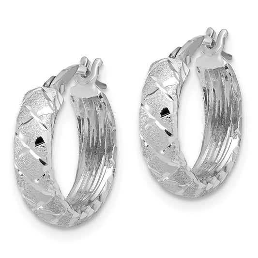 14K White Gold Satin Criss Cross 4mm Diamond-cut Hoop Earrings