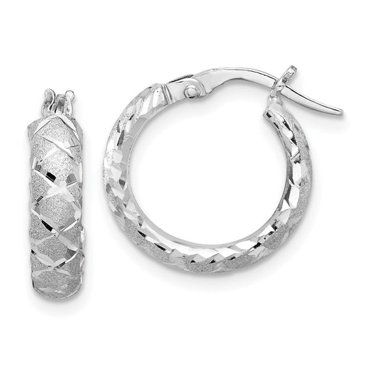 14K White Gold Satin Criss Cross 4mm Diamond-cut Hoop Earrings