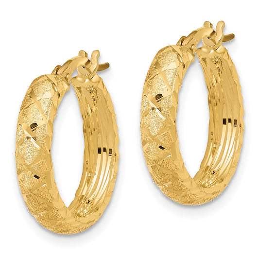 14K Yellow Gold Satin Criss Cross 4mm Diamond-cut Hoop Earrings