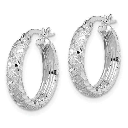 14K White Gold Satin Criss Cross 4mm Diamond-cut Hoop Earrings