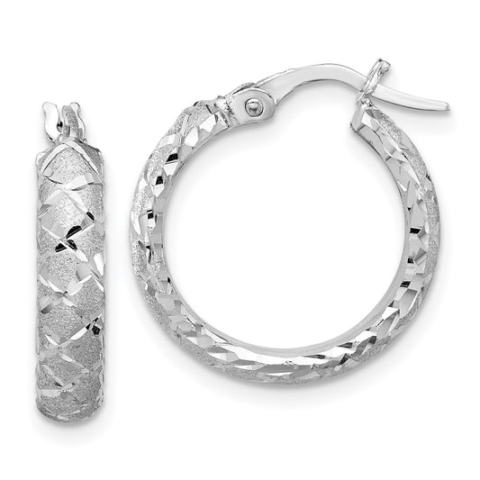 14K White Gold Satin Criss Cross 4mm Diamond-cut Hoop Earrings