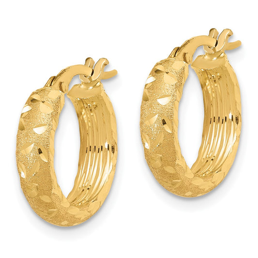 14K Yellow Gold Satin 4mm Diamond-cut Hoop Earrings