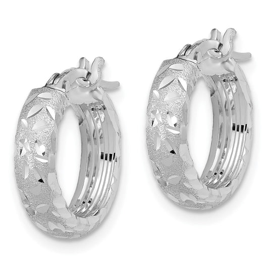 14K White Gold Satin 4mm Diamond-cut Hoop Earrings