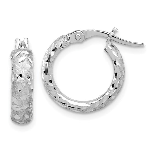 14K White Gold Satin 4mm Diamond-cut Hoop Earrings