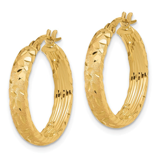 14K Yellow Gold Satin 4mm Diamond-cut Hoop Earrings