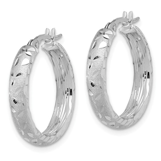 14K White Gold Satin 4mm Diamond-cut Hoop Earrings