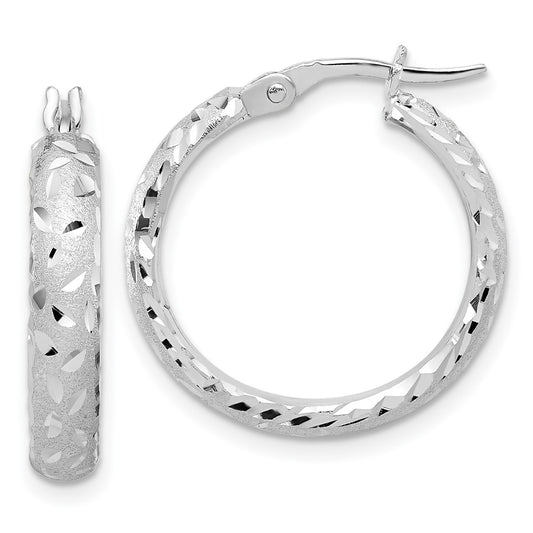 14K White Gold Satin 4mm Diamond-cut Hoop Earrings