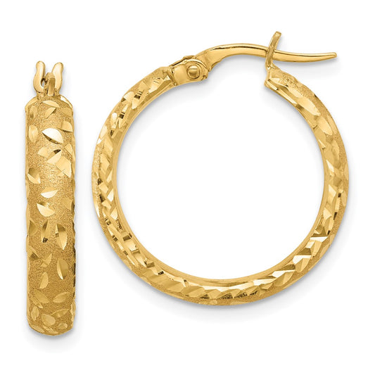 14K Yellow Gold Satin 4mm Diamond-cut Hoop Earrings