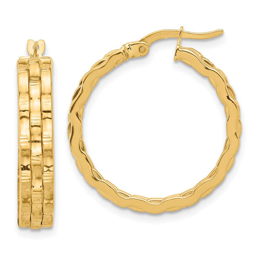 14K Yellow Gold Polished and Textured Hoop Earrings